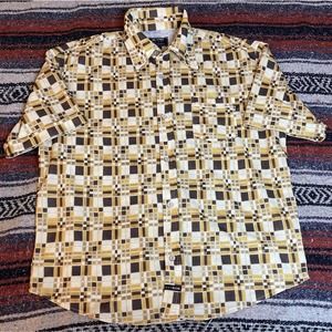 Men's Vintage BC ETHIC Multicolor Brown Geometric Print Button Up Tshirt, Sz XL